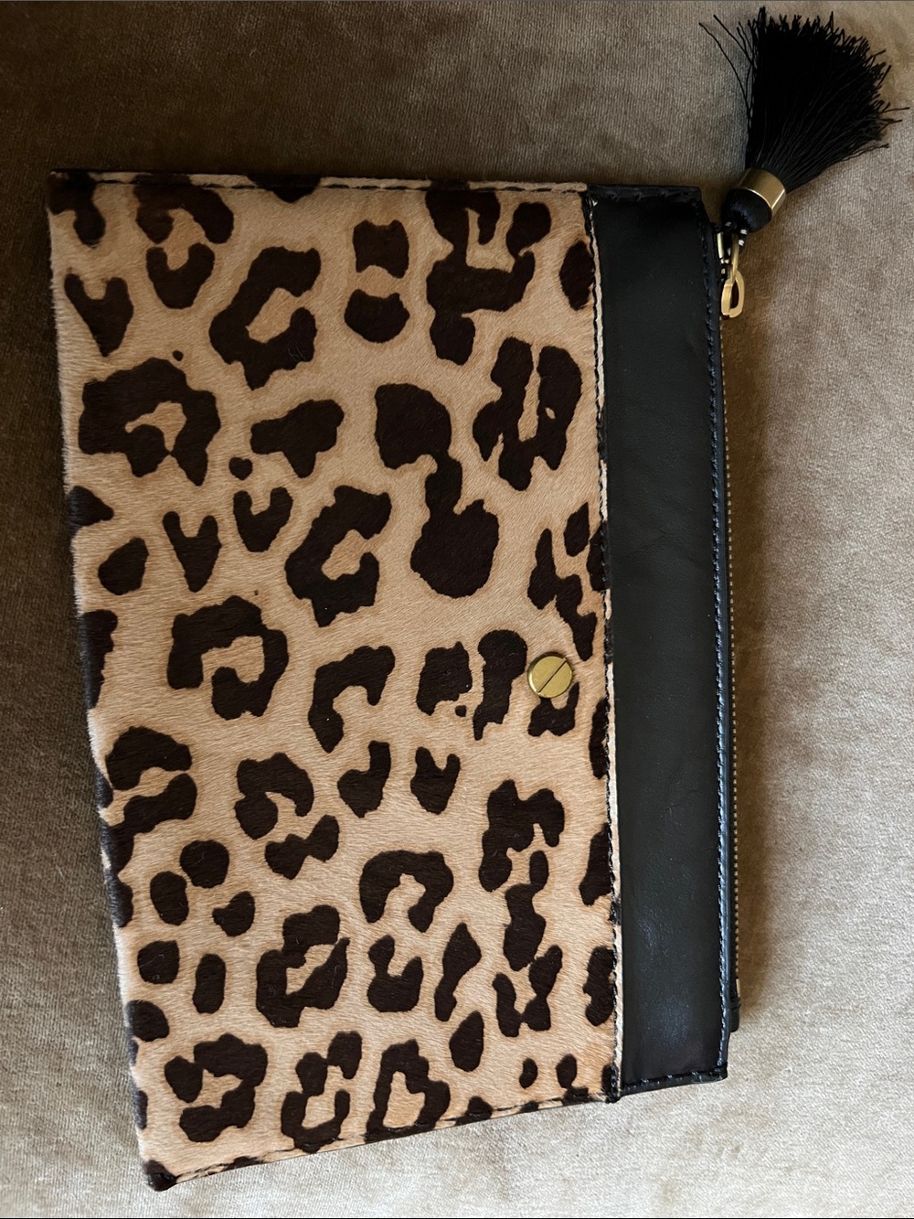 J. Crew Leopard Print Clutch with Black Trim and Tassel